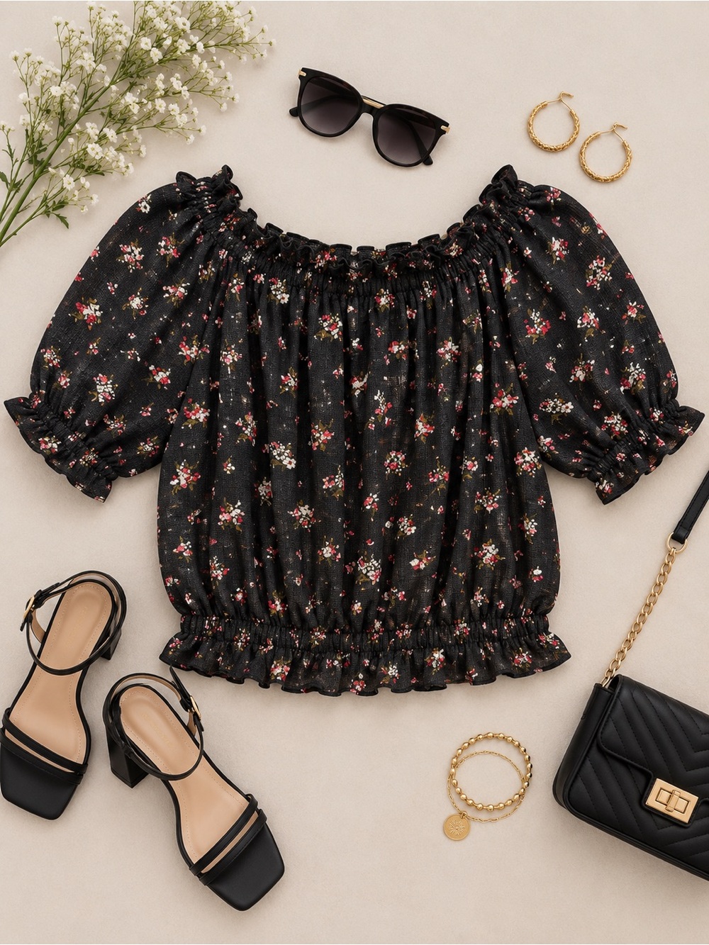 Express Black Floral Puff Sleeve Smocked Top Size Medium